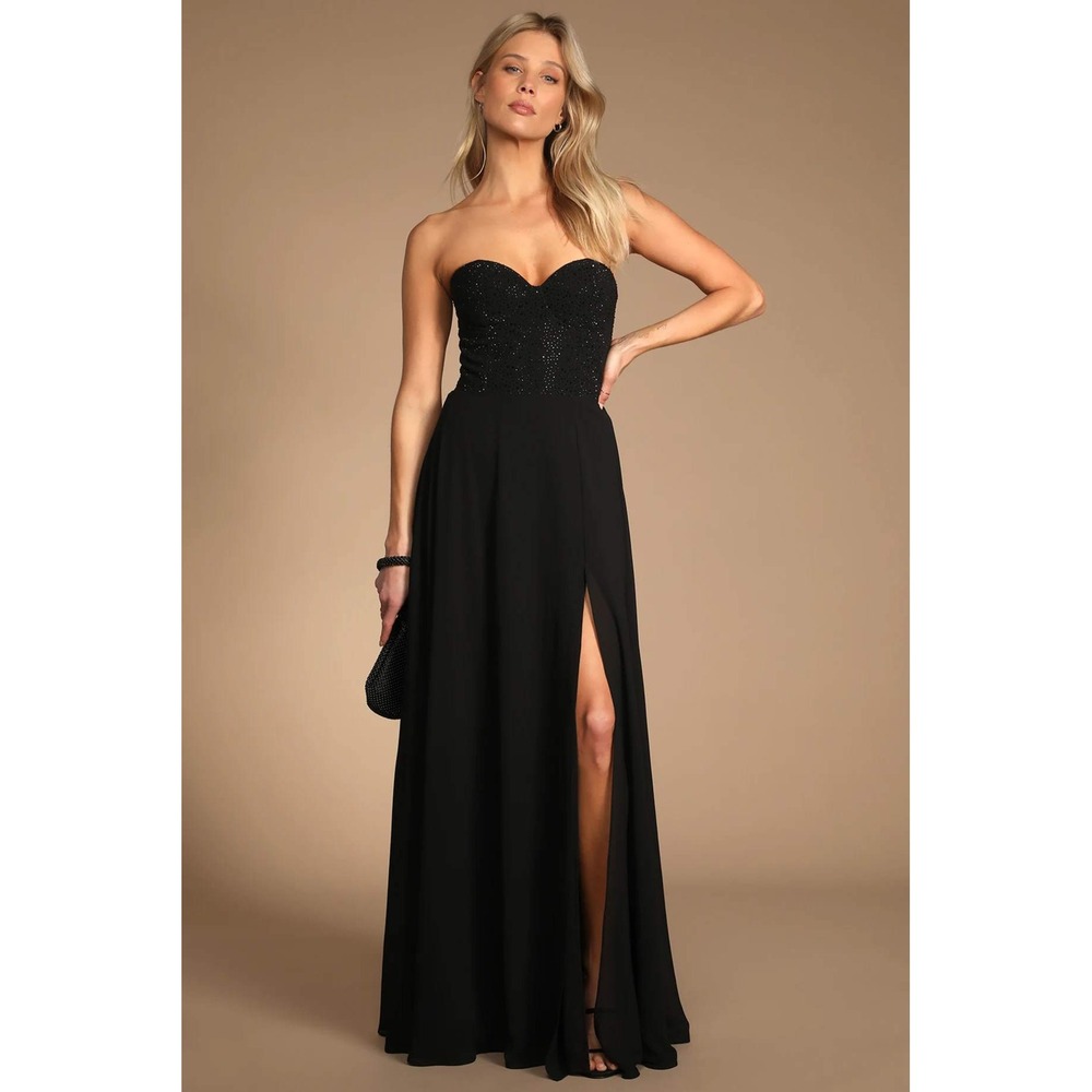 Lulus‎ Remember This Moment Black Rhinestone Strapless Maxi Dress Size Large